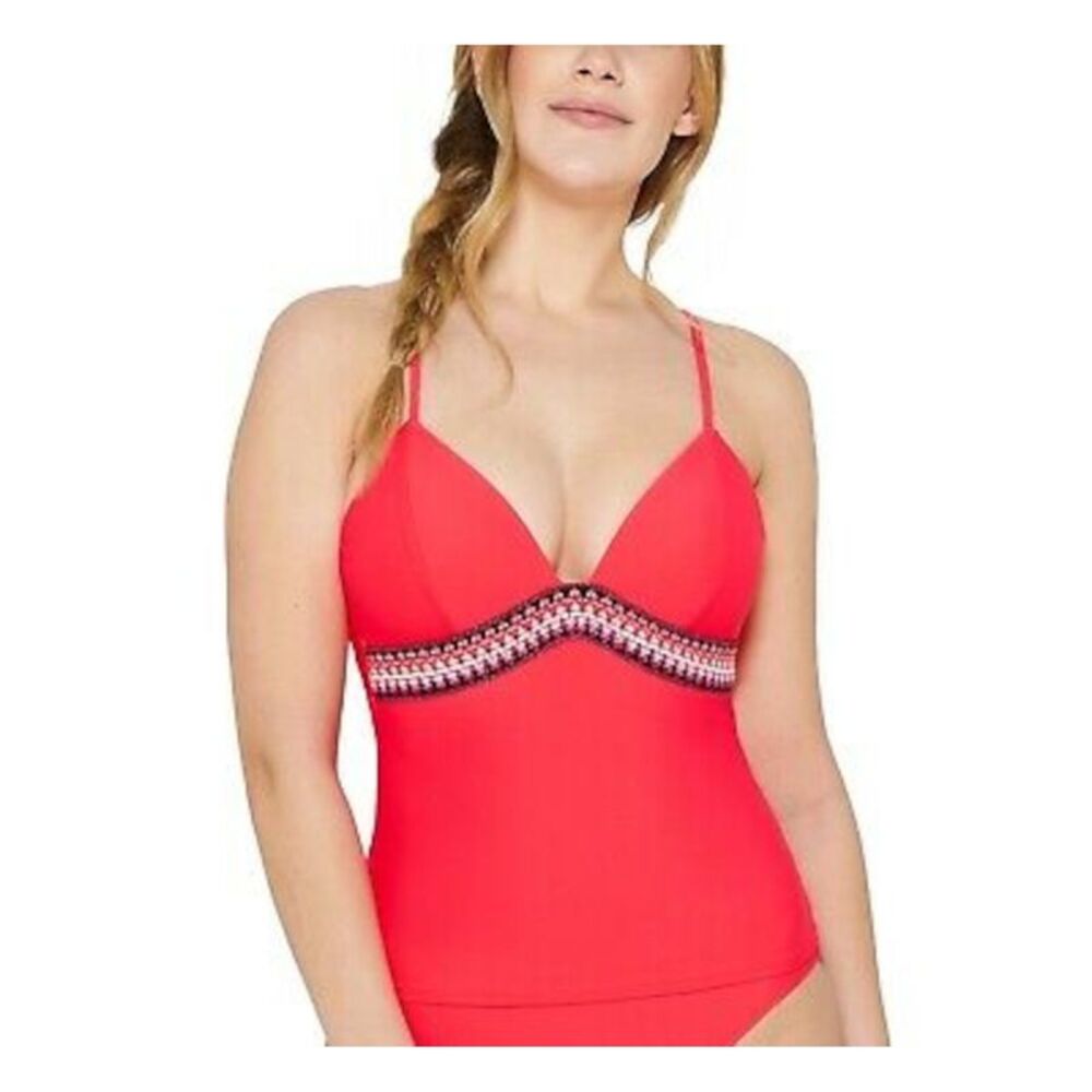 HULA HONEY Women's Coral Stretch Tassel-Tie Zig Zag Zink Tankini Swimsuit Top XS